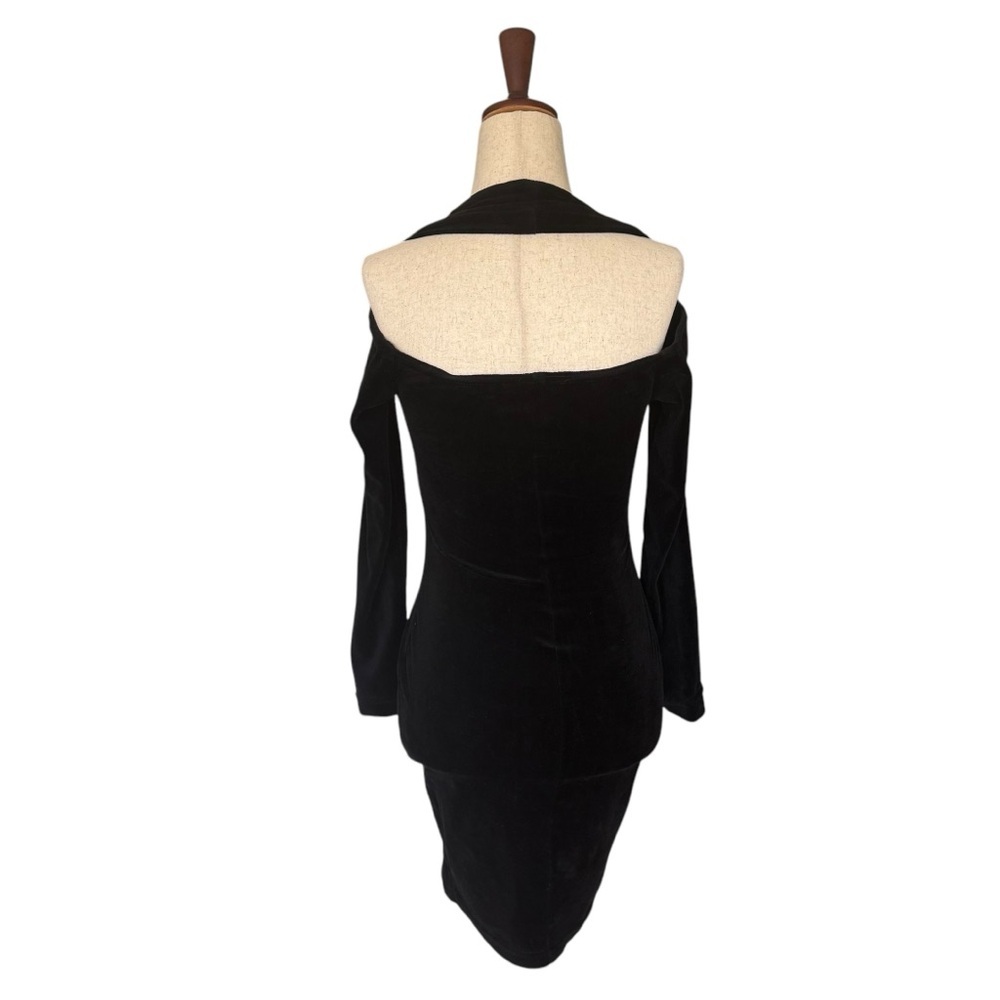 Vintage 90s YES Black Velvet Velour Bodycon Cutout Halter Mini Dress Club Goth - Picture 6 of 9